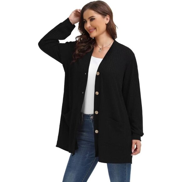 Plus Size Women's Cardigan Sweater Lightweight Open Front Long Sleeve Pockets - Picture 2 of 7